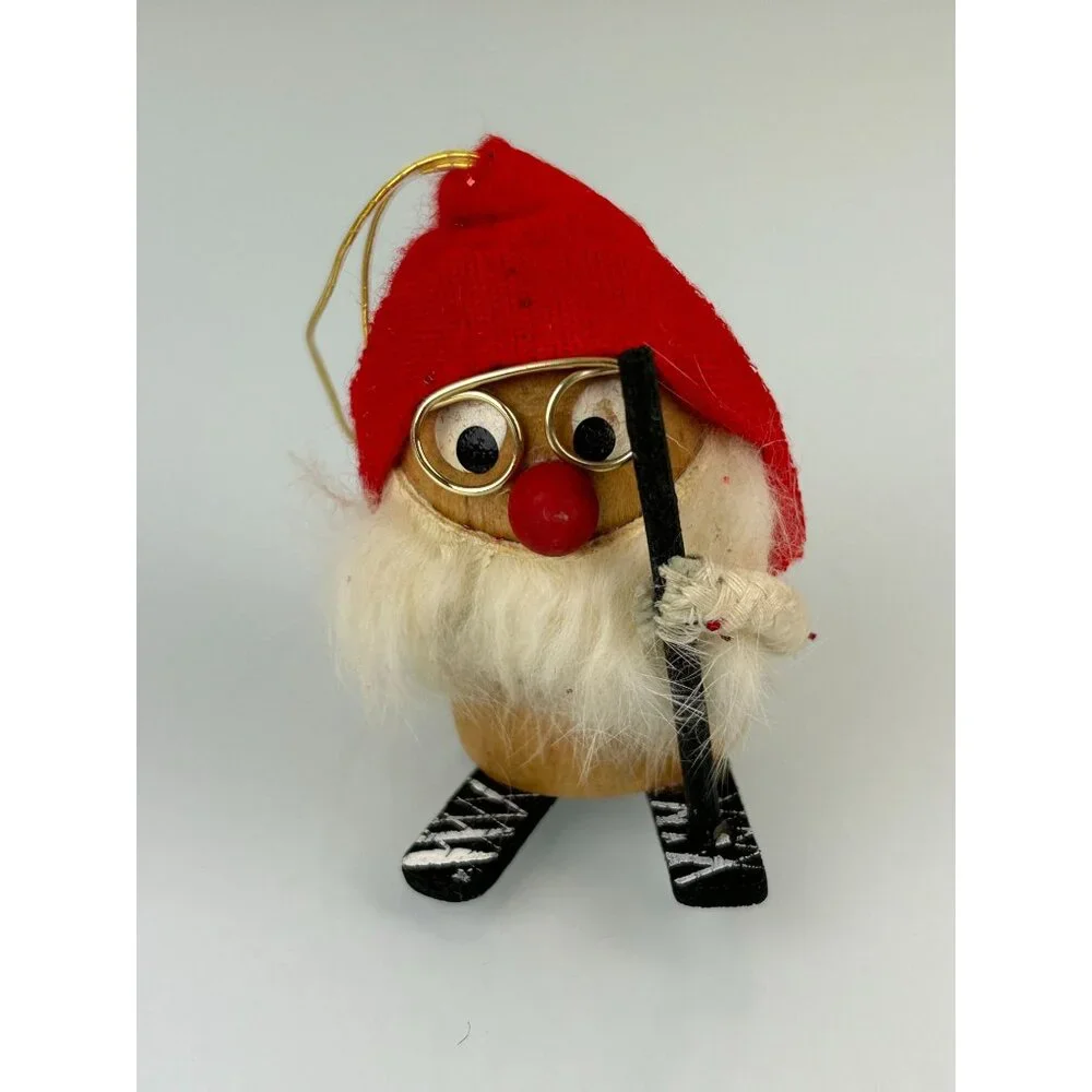 Made in Japan Wooden Skiing Gnomes Christmas Tree Ornaments Handmade Vintage Set